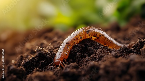 Extreme close-up of earthworms in dark, fertile soil showing rich organic matter and natural composting. Macro photography reveals detailed soil texture and moist earth in natural lighting.