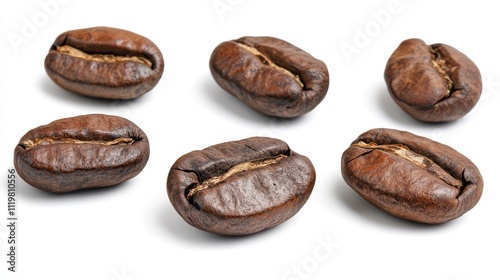 Close-up of freshly roasted coffee beans arranged on a clean white background, highlighting texture and color variations, food photography, culinary use, simple composition.