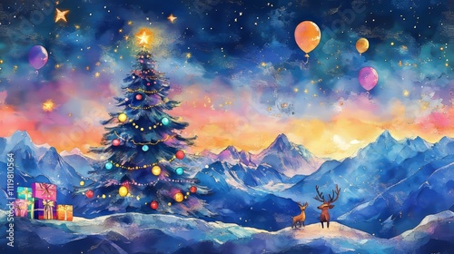 Watercolor painting of a Christmas tree in the mountains, with gifts and deer under the moonlight among snow-covered pine trees. The scene features a starry sky, bright sun rays.