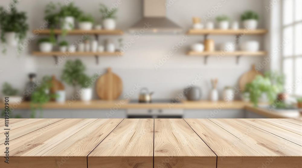 Light Wood Kitchen Tabletop with Blurry Interior Background Light Wood Kitchen Tabletop with Blurry Interior Background