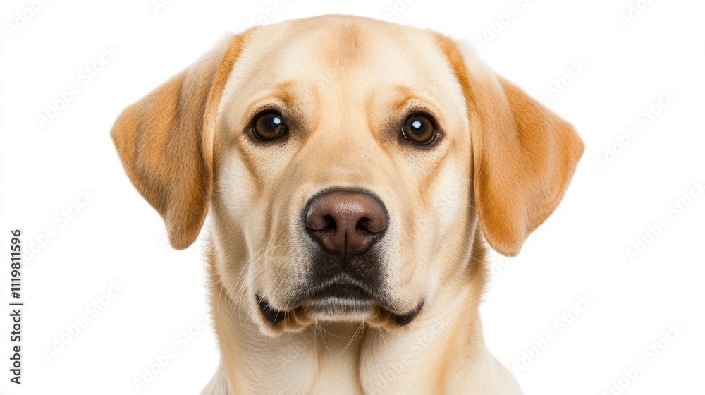 Close-up portrait of a Labrador dog against a clean white background, focusing on its expressive eyes and soft fur texture, pet photography, animal close-up, studio shot. Close-up portrait of a Labrador dog against a clean white background, focusing on its expressive eyes and soft fur texture, pet photography, animal close-up, studio shot.