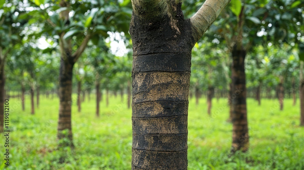 Fototapeta premium Closeup of incised rubber tree trunk in lush rubber plantation showcasing natural sap extraction process in verdant surroundings