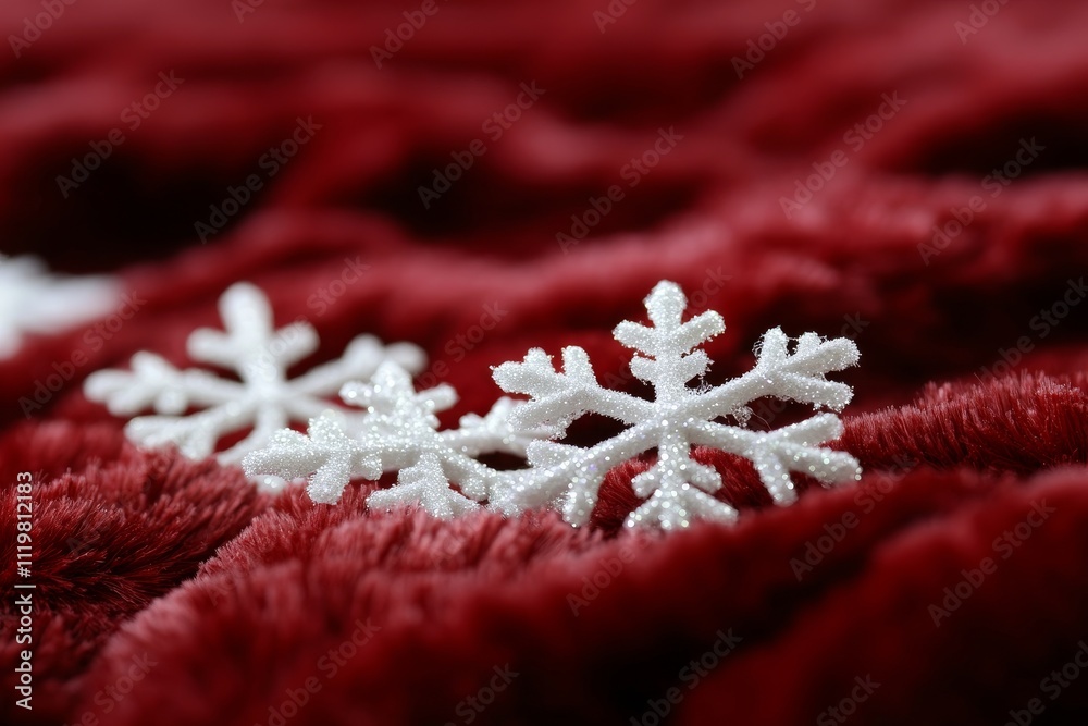 Sparkling White Snowflakes on Plush Red Fabric, Evoking Warmth and Festivity for Holiday Decorations and Seasonal Celebrations Sparkling White Snowflakes on Plush Red Fabric, Evoking Warmth and Festivity for Holiday Decorations and Seasonal Celebrations