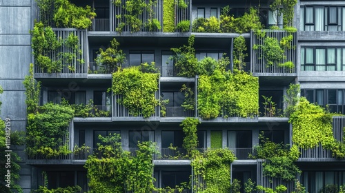 Urban building with vertical gardens and climbing ivy promoting sustainability and green living in a modern cityscape in Thailand. photo