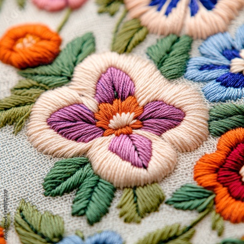 Colorful embroidered flower design on fabric, detailed and intricate patterns. photo