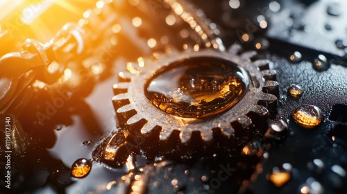 Close-up of a car gearbox chain with a drop of oil on a gear, illuminated by warm light, highlighting intricate mechanics, automotive service, engineering, lubrication details.