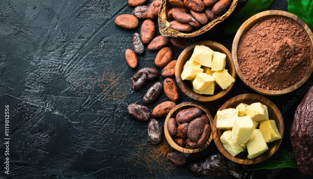 Cocoa beans, chocolate, cocoa butter and cocoa powder on a black backgroun Cocoa beans, chocolate, cocoa butter and cocoa powder on a black backgroun