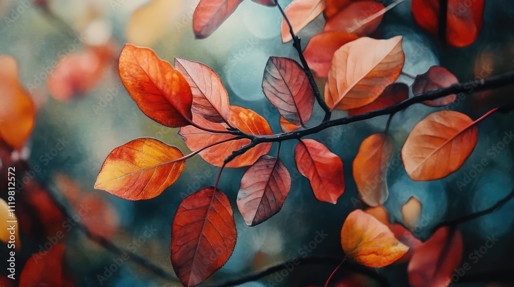 Close-up view of vibrant red and orange autumn leaves on a tree branch, showcasing intricate textures against a blurred background, nature, seasonal beauty, foliage detail. Close-up view of vibrant red and orange autumn leaves on a tree branch, showcasing intricate textures against a blurred background, nature, seasonal beauty, foliage detail.