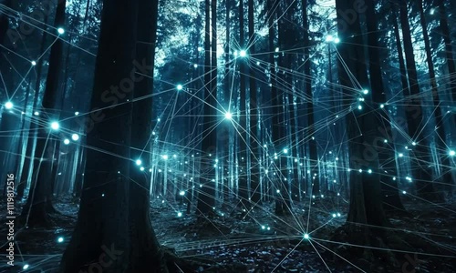 A mystical forest scene enhanced with glowing connections, suggesting a digital or interconnected theme.