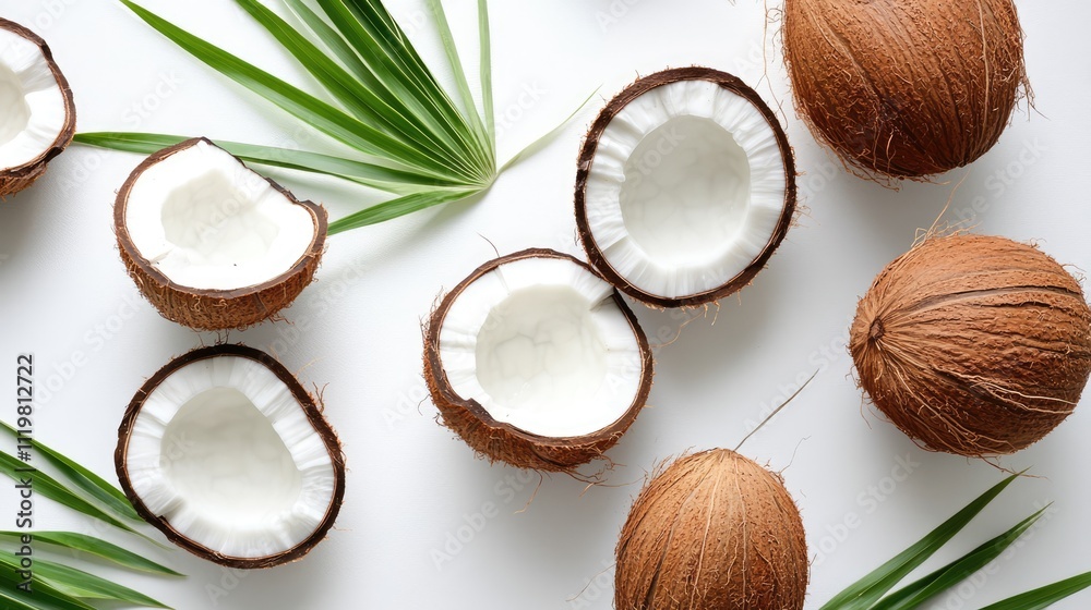 Coconut halves and whole coconuts with green leaves on a bright white background for tropical and organic themes Coconut halves and whole coconuts with green leaves on a bright white background for tropical and organic themes