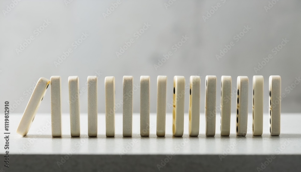 Chain Reaction - A row of dominoes beginning to fall, symbolizing the impact of one action affecting others Chain Reaction - A row of dominoes beginning to fall, symbolizing the impact of one action affecting others