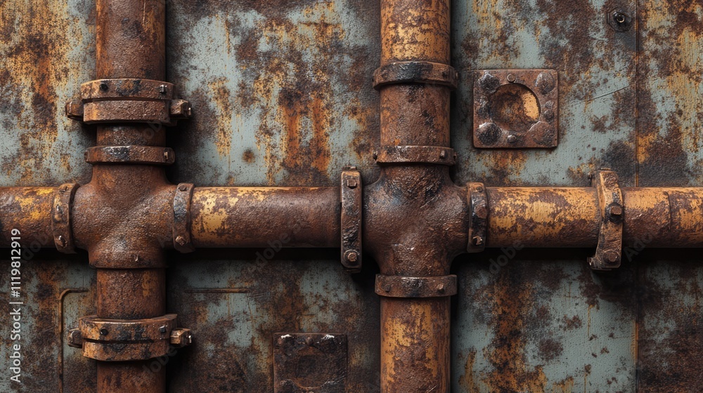 Rusty industrial pipes and texture on a weathered metal surface showcasing corrosion and aged patina for backgrounds or design elements. Rusty industrial pipes and texture on a weathered metal surface showcasing corrosion and aged patina for backgrounds or design elements.