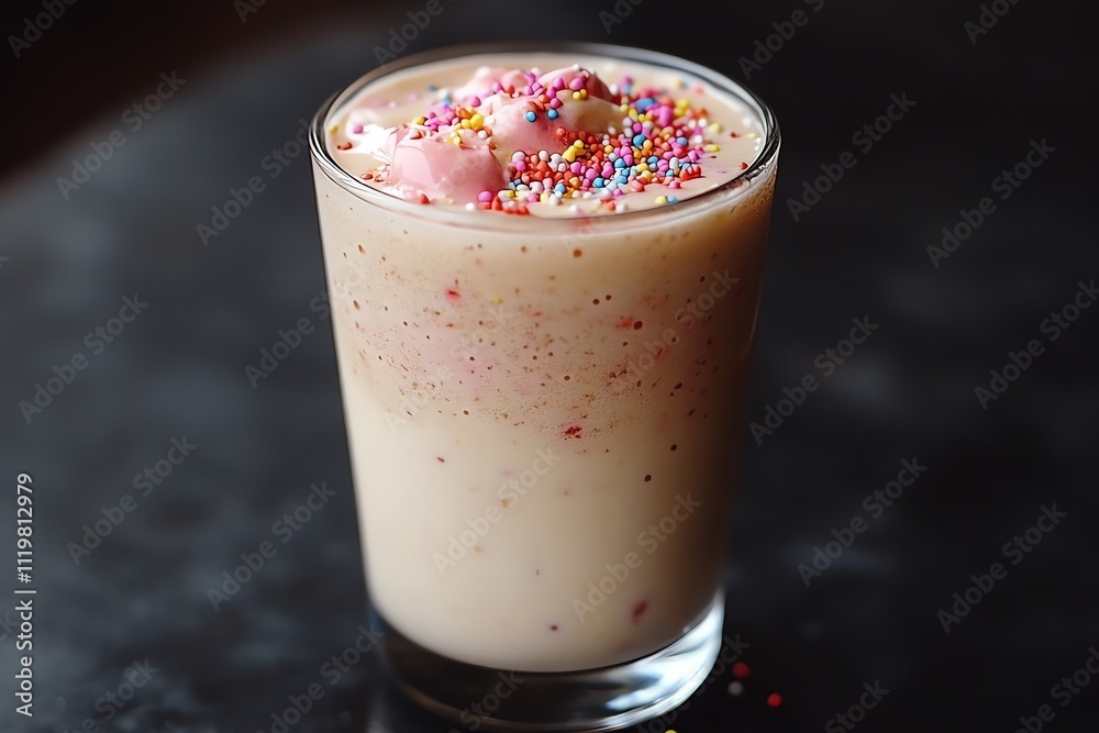 A Creamy Milkshake Topped with Sprinkles on a Black Table A Creamy Milkshake Topped with Sprinkles on a Black Table