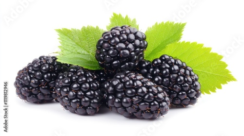 Fresh blackberries clustered with vibrant green leaves on a clean white background, emphasizing texture and detail, fruit, healthy eating, nature.