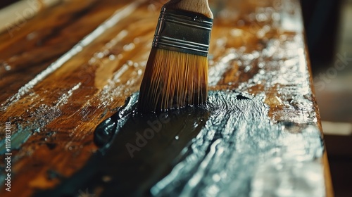 Close up of paintbrush applying varnish on wooden surface in carpentry workshop showcasing craftsmanship and attention to detail photo