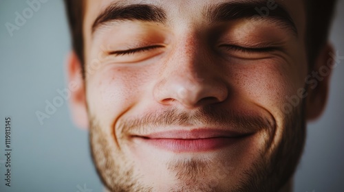 Smiling brunette man with closed eyes expressing joy and contentment in a close up portrait against a soft background photo