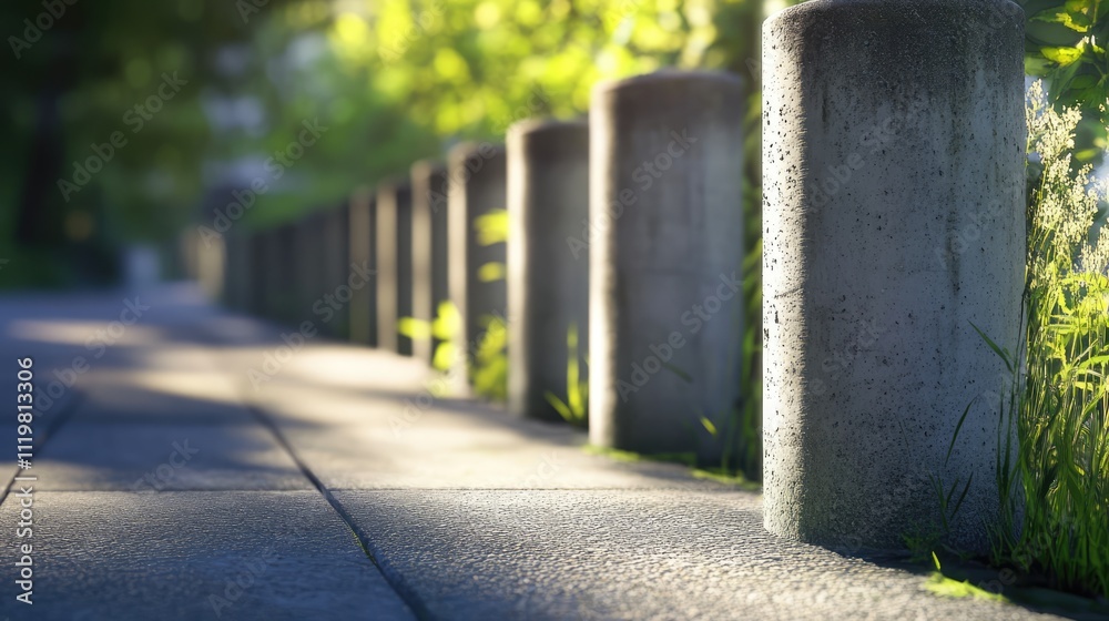 Concrete fence posts lined along a pathway in a serene outdoor setting with lush greenery and soft sunlight filtering through trees. Concrete fence posts lined along a pathway in a serene outdoor setting with lush greenery and soft sunlight filtering through trees.