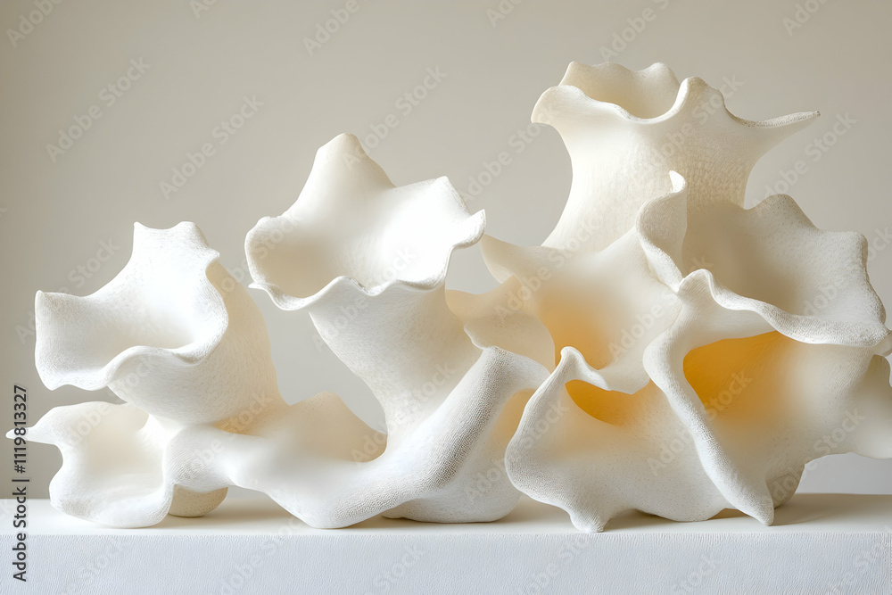 Abstract white sculptural forms resembling organic shapes. Abstract white sculptural forms resembling organic shapes.