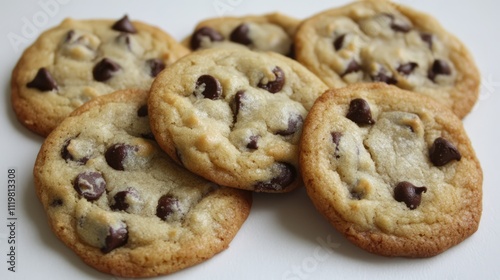 Freshly baked chocolate chip cookies arranged on a white background showcasing their golden edges and melting chocolate chips.