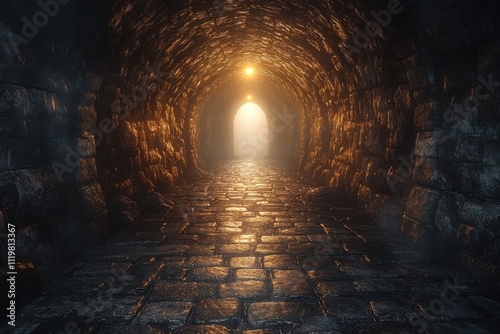 A dimly lit stone tunnel with glowing lights leading to a bright exit. photo