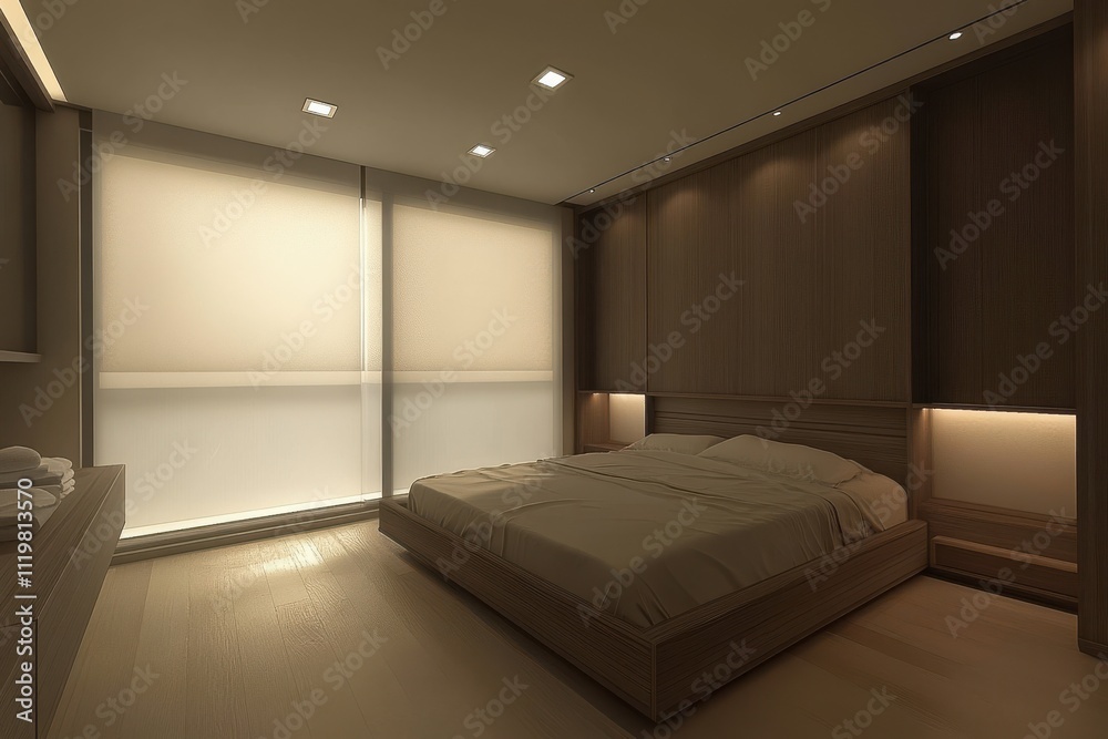 Modern minimalist bedroom large built in wardrobe neutral tones Modern minimalist bedroom large built in wardrobe neutral tones