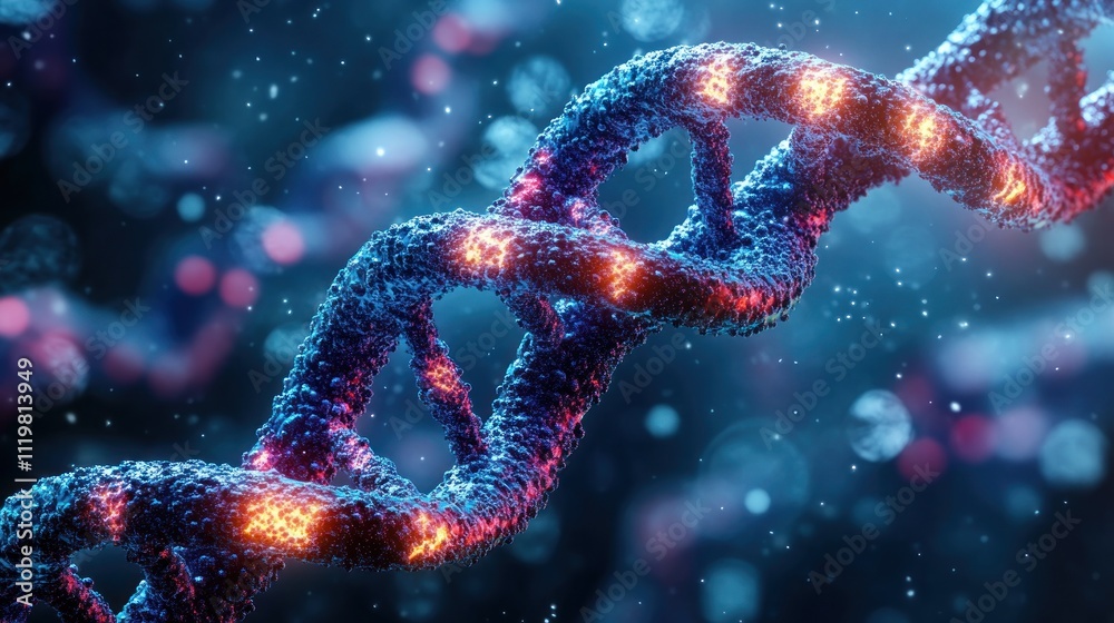 A 3D rendering of a DNA double helix with glowing strands, set against a dark blue background with bokeh effects.