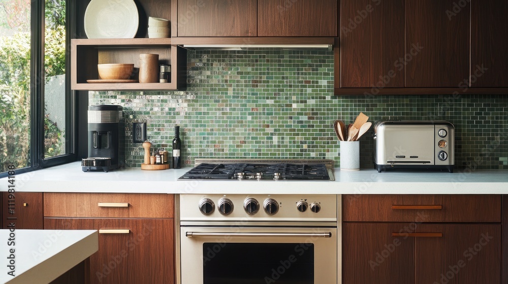 Modern kitchen with wood cabinets, green tile backsplash, stainless steel appliances, and white countertops. Modern kitchen with wood cabinets, green tile backsplash, stainless steel appliances, and white countertops.