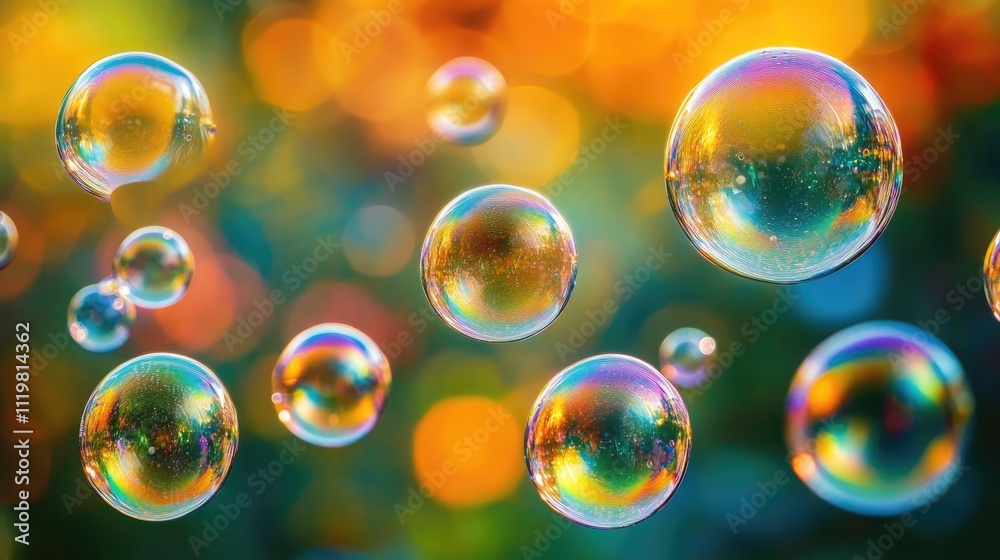 Abstract macro view of soap bubbles representing cell structures with colorful reflections and a blurred vibrant background in a scientific context. Abstract macro view of soap bubbles representing cell structures with colorful reflections and a blurred vibrant background in a scientific context.