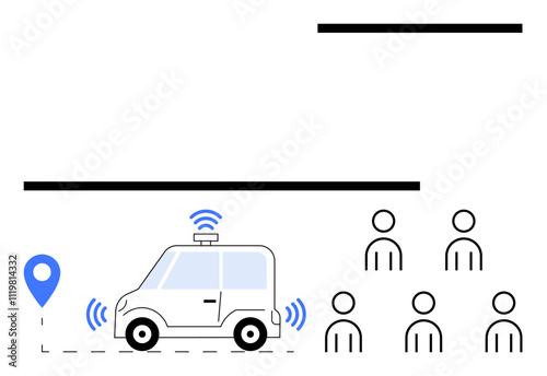 Self-driving car with GPS pin signal waves, and group of people. Ideal for technology, transportation, innovation, smart cities, autonomous vehicles, connectivity, future mobility. Line metaphor