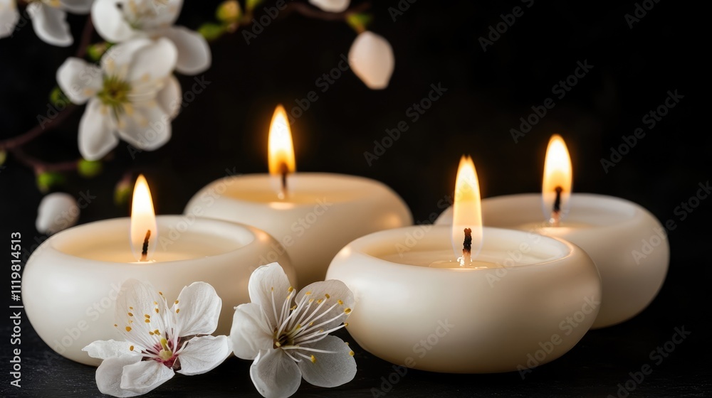 Elegant white candles with flames surrounded by delicate flowers on a dark background symbolizing tranquility and peace. Elegant white candles with flames surrounded by delicate flowers on a dark background symbolizing tranquility and peace.