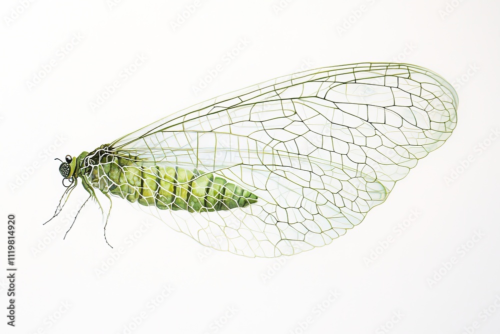 delicate lacewing with translucent net-like wings isolated on white background