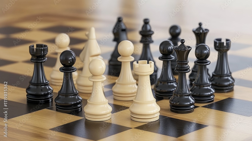 Classic chess pieces arranged on a wooden game board highlighting strategy and competition in a timeless duel of wit and skill Classic chess pieces arranged on a wooden game board highlighting strategy and competition in a timeless duel of wit and skill