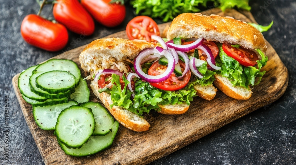 Freshly prepared burger with lettuce tomato onion and cucumber slices on a rustic wooden board with vibrant veggies in the background Freshly prepared burger with lettuce tomato onion and cucumber slices on a rustic wooden board with vibrant veggies in the background