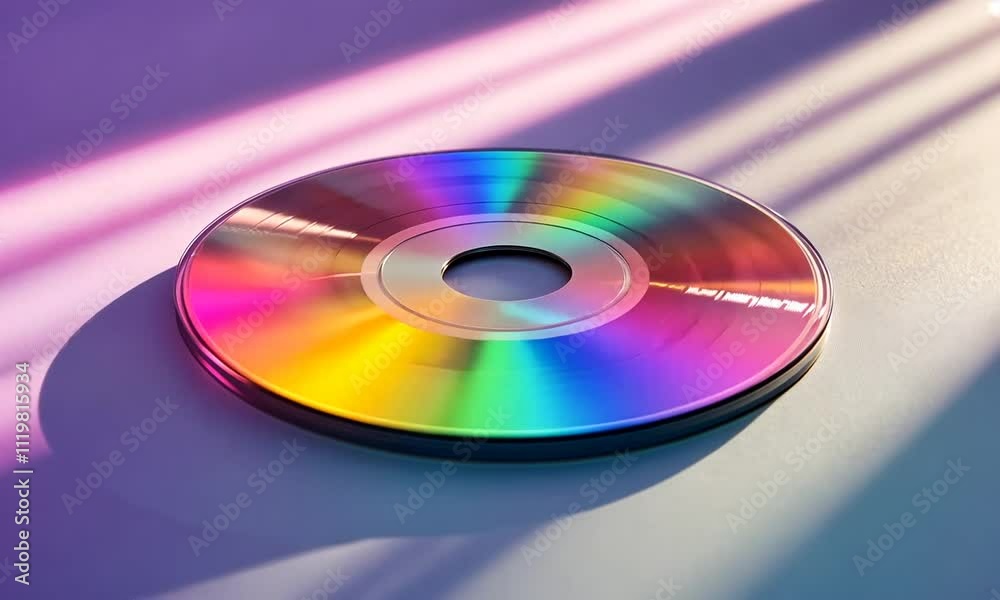 A reflective CD on a vibrant surface with colorful light patterns. A reflective CD on a vibrant surface with colorful light patterns.