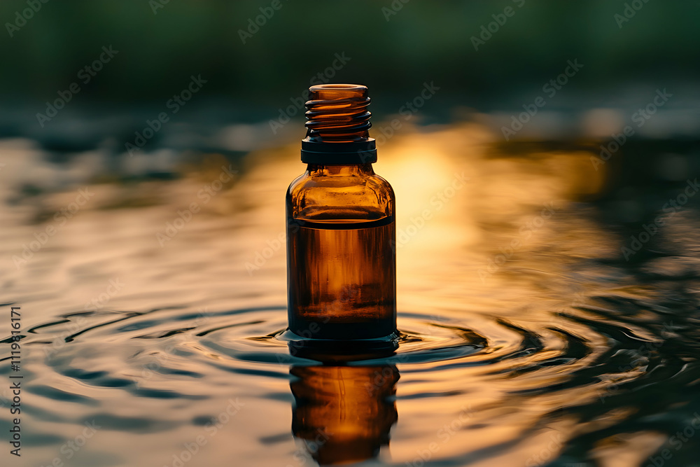 Amber bottle of essential oil floats on calm water at sunset. Amber bottle of essential oil floats on calm water at sunset.