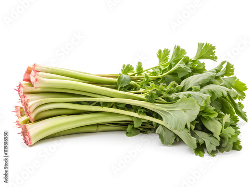 Heap of fresh rhubarb stalks isolated on white 