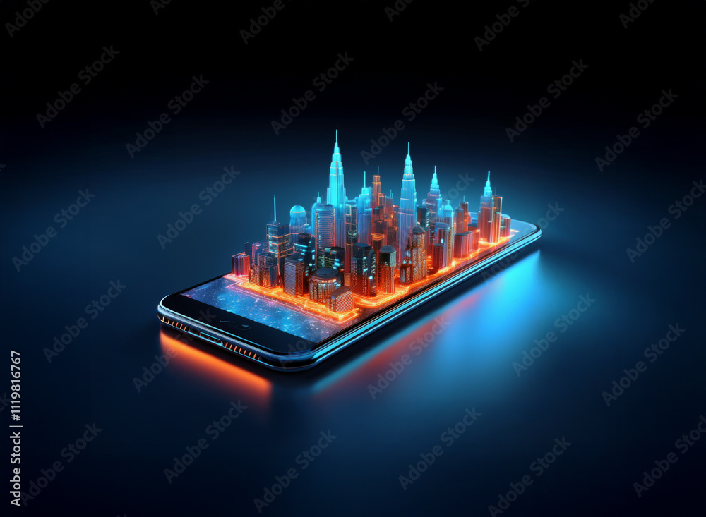 Fototapeta premium A futuristic cityscape, rendered in vibrant blue and orange hues, sits atop a sleek smartphone, symbolizing the convergence of technology and urban life. The scene is dark and sleek, highlighting the