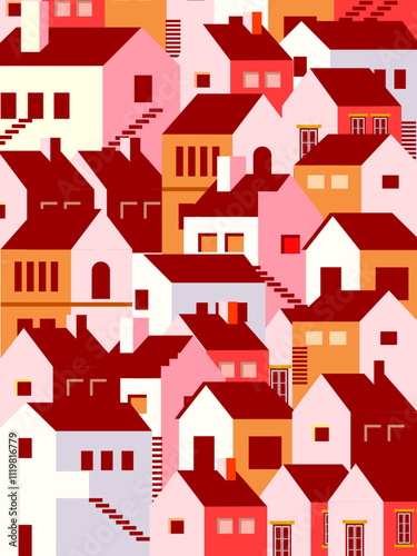 Summer cityscape geometric vector illustration. Hillside town building in scandinavian architecture, residental houses background. Villages, trees, hill  view.