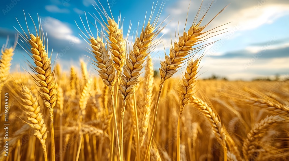 Panoramic landscape of golden wheat field beneath blue sky during harvest season. Agricultural scene captures ripe wheat ears in warm sunlight with dramatic atmospheric conditions. Panoramic landscape of golden wheat field beneath blue sky during harvest season. Agricultural scene captures ripe wheat ears in warm sunlight with dramatic atmospheric conditions.