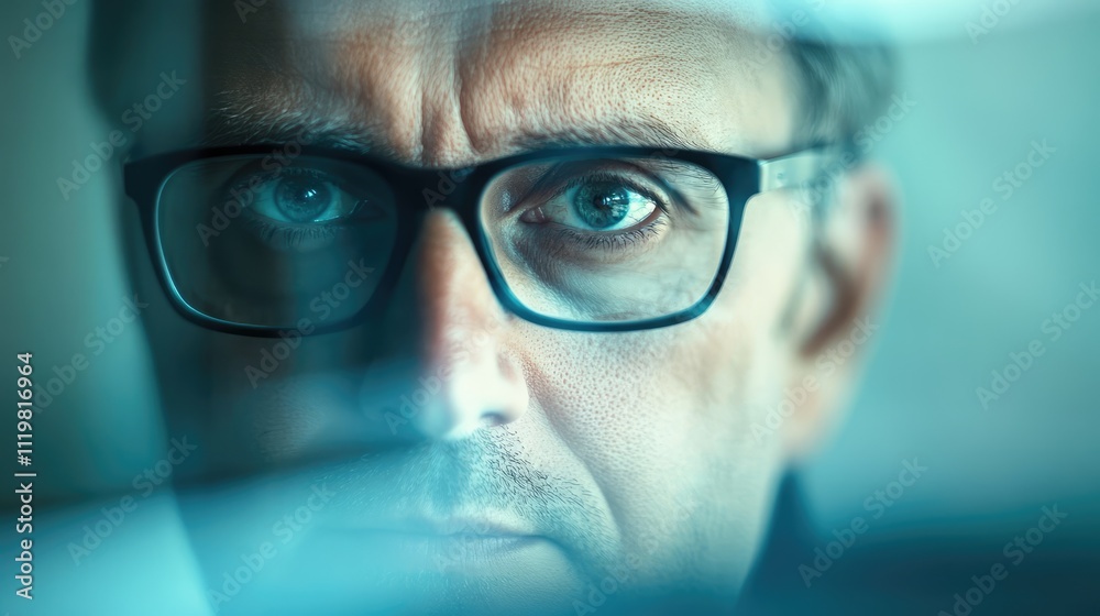 Focused businessman with glasses contemplating behind a translucent laptop surface in a modern business environment Focused businessman with glasses contemplating behind a translucent laptop surface in a modern business environment