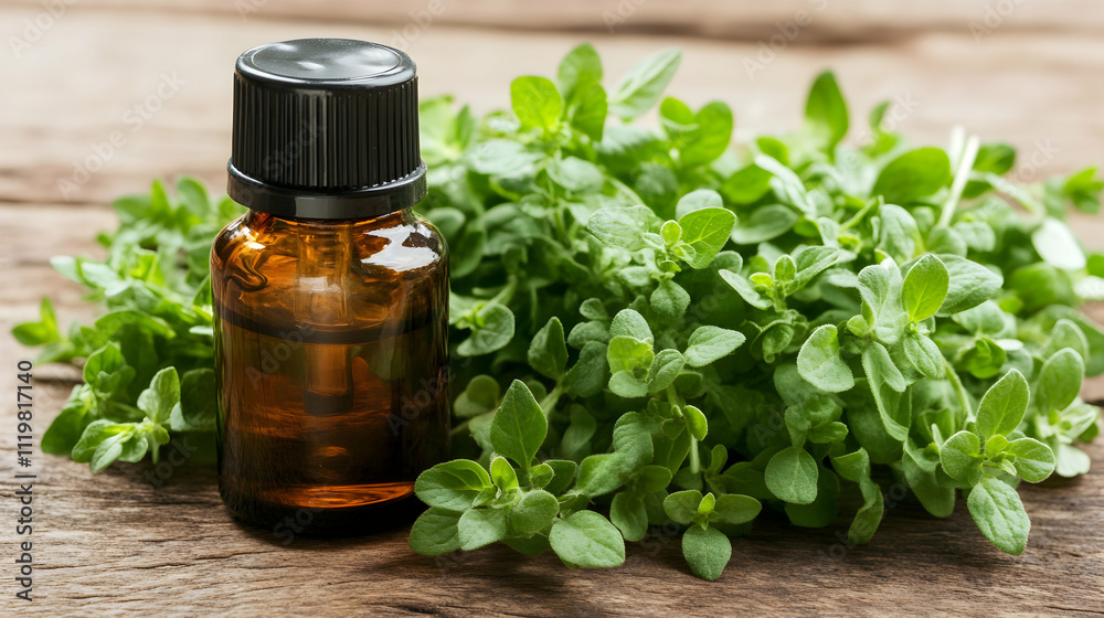 Amber bottle of oregano essential oil beside fresh oregano sprigs on wooden surface. Amber bottle of oregano essential oil beside fresh oregano sprigs on wooden surface.