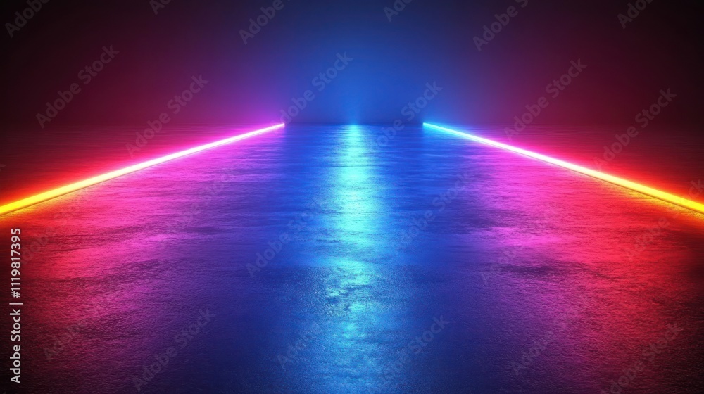 Vibrant neon lines converge on dark floor. Vibrant neon lines converge on dark floor.