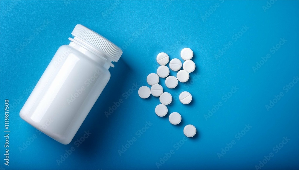white pill bottle on light blue background white pill bottle on light blue background