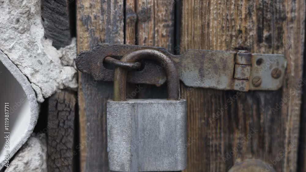 Old metal padlock on a wooden door, Old metal padlock on a wooden door,