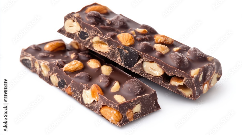 Chocolate bar with nuts on a white background showcasing rich black and brown chocolate textures and delicious crunchy ingredients Chocolate bar with nuts on a white background showcasing rich black and brown chocolate textures and delicious crunchy ingredients