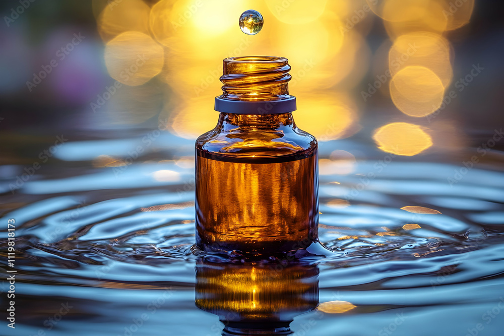 Amber bottle with liquid drop falling into water. Amber bottle with liquid drop falling into water.
