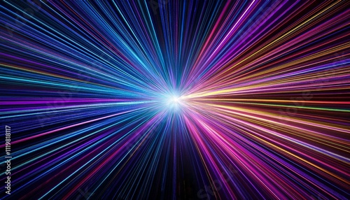 dynamic neon light rays in a galaxy explosion featuring starburst lines in blue pink yellow and purple neon glow on a black background