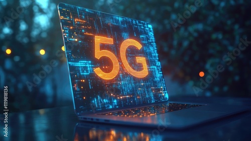 Close up of laptop displaying glowing 5G hologram on dark blue background representing wireless technology and future innovations in communication photo