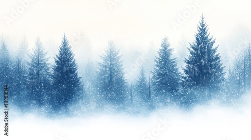 Snowy winter forest scene with fog and falling snow.