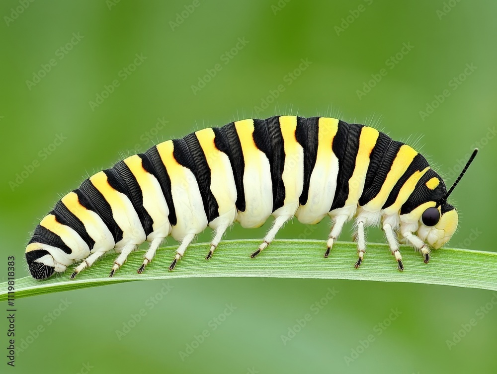 Caterpillar with vibrant yellow, black, and white stripes crawling on a green leaf outdoors, AI Caterpillar with vibrant yellow, black, and white stripes crawling on a green leaf outdoors, AI